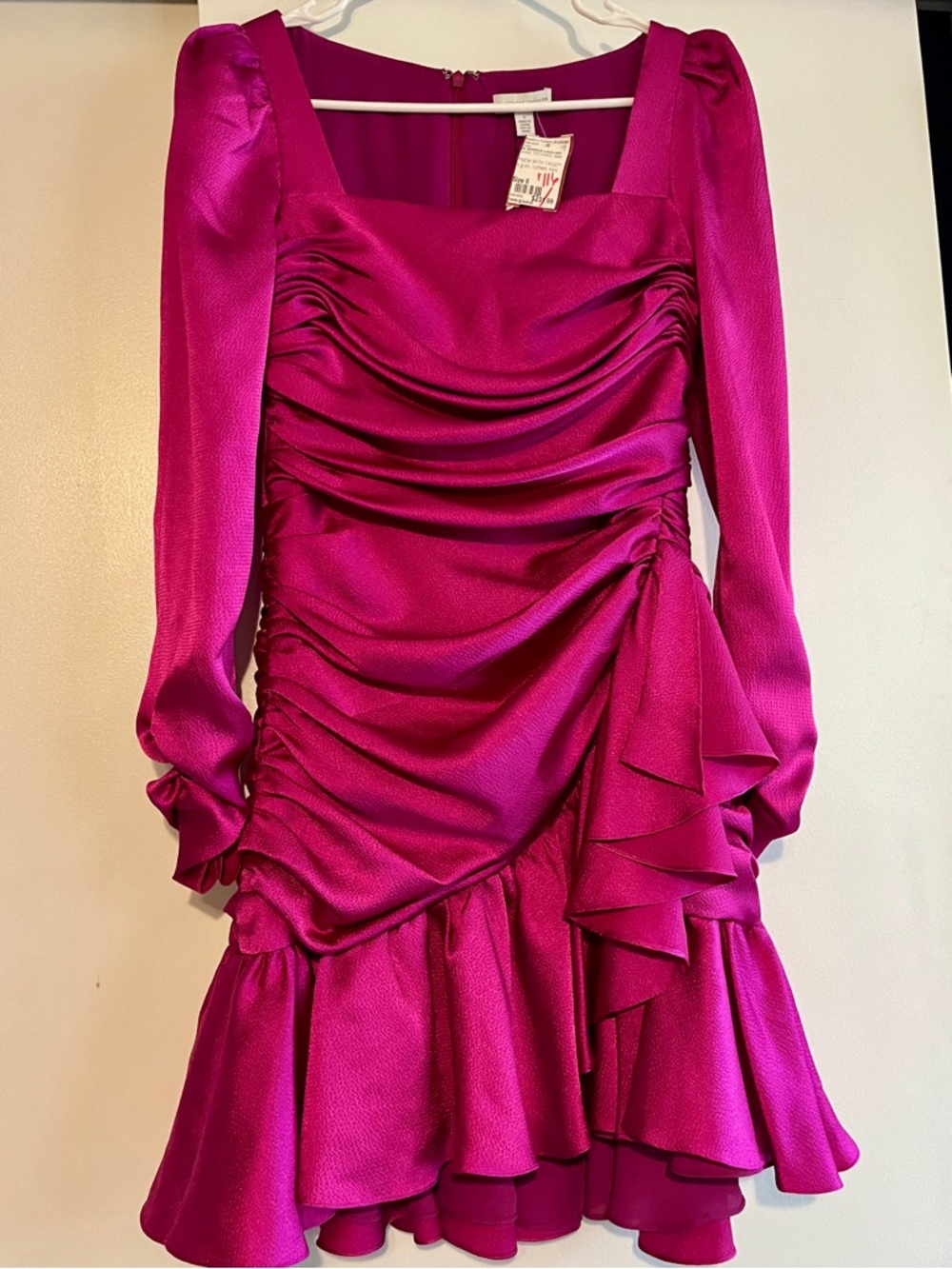 Monique Lhuillier Fuchsia Satin Ruched Long Sleeve Mini Dress